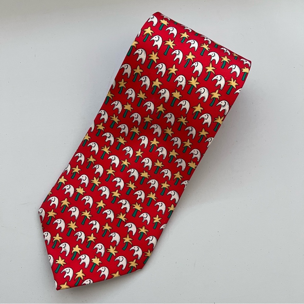 Christmas Novelty Tie Red Elephants Palm Trees